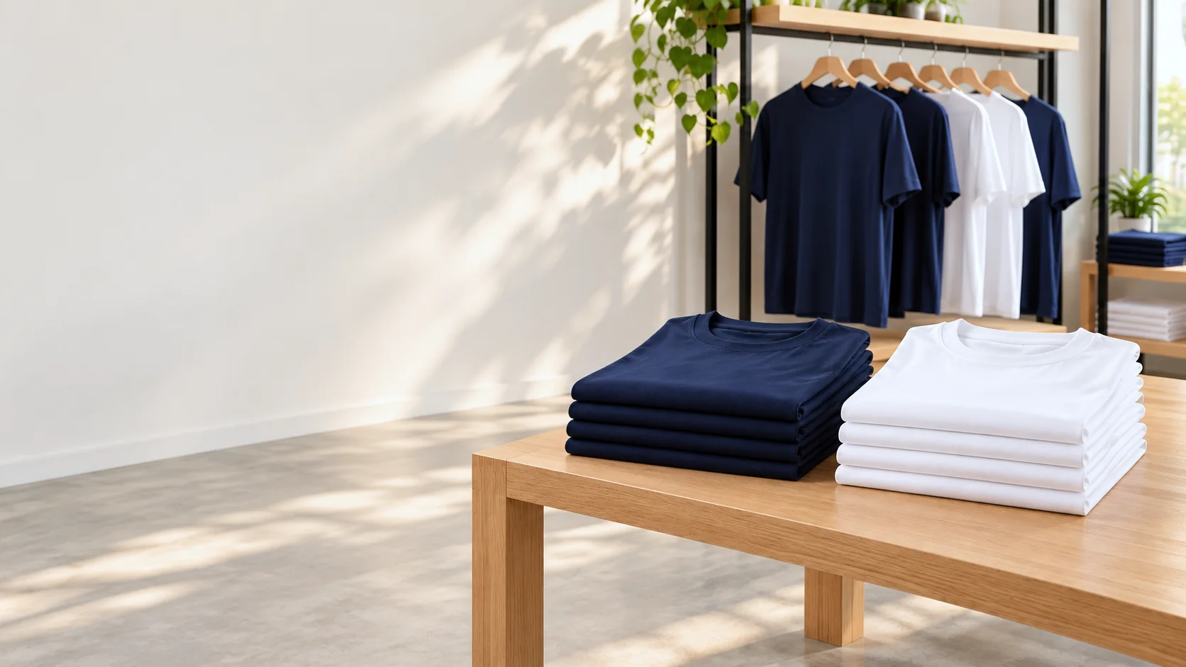 Polos ELESS STYLE doblados sobre una mesa de madera